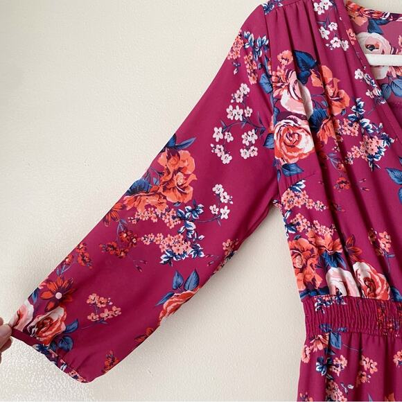 Pink Lily Boutique | Floral Maxi Dress V-neck Side Slit Berry Red Small - Picture 6 of 10